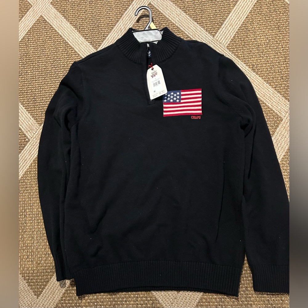 Chaps Black Zip-Up Sweater with Flag Patch - Picture 3 of 8